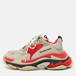 Balenciaga Grey/Red Leather and Mesh Triple S Sneakers Size 39 1211198