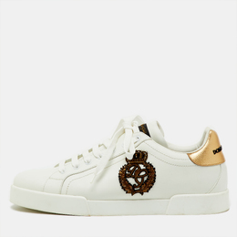 Dolce & Gabbana White/Gold Leather Crown Patch Portofino Low Top Sneakers Size 44.5 1212711