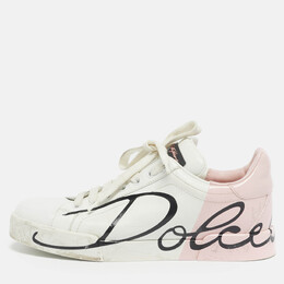 Dolce & Gabbana White/Pink Leather Portofino Low Top Sneakers Size 37 1215449