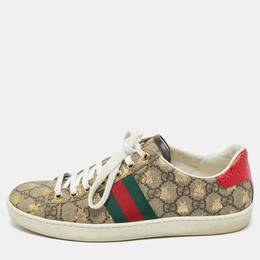 Gucci Beige Coated Canvas and Snakeskin Embossed Leather Ace Low Top Sneakers Size 37.5 1216762