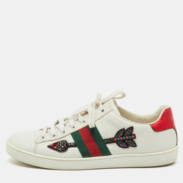 Gucci White Leather Crystal Embellished Arrow Ace Low Top Sneakers Size 38 1216002