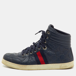 Gucci Navy Blue Guccissima Leather Web Detail High Top Sneakers Size 41.5 1214741